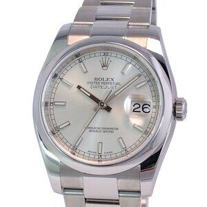 ROLEX DATEJUST SILVER INDEX DIAL STAINLESS STEEL SMOOTH OYSTER WATCH 36MM 116200